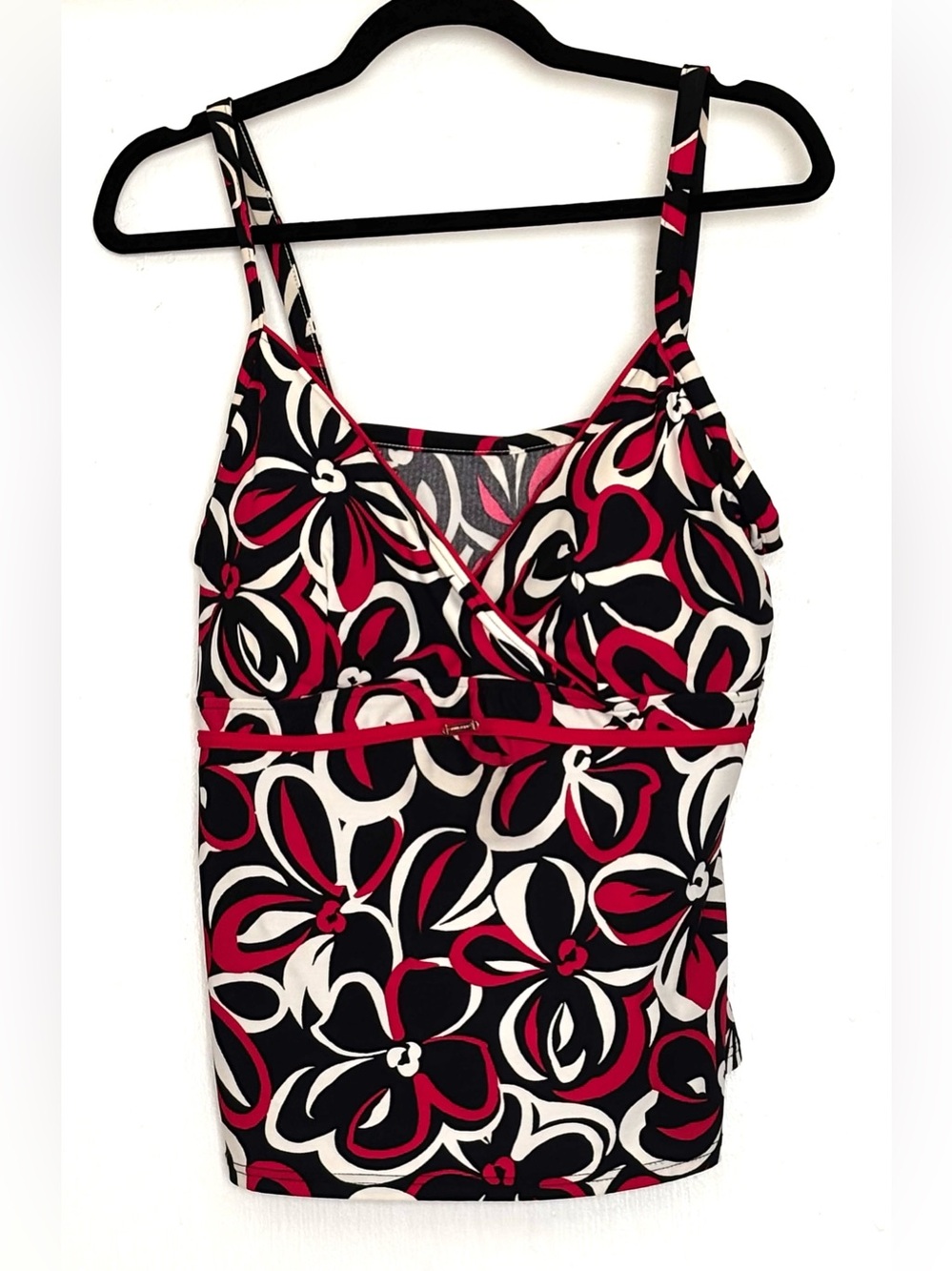 Caribbean Joe Floral Print Surplice Tankini Top Red Black White Size 20W